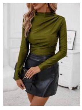 SHEIN Olive Green Long Sleeve Ruched Mock Neck Top
